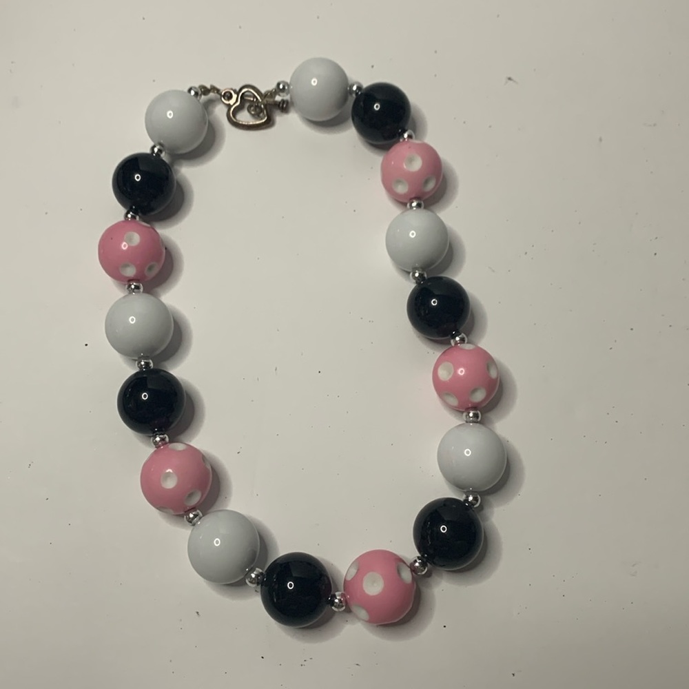 Chunky Bead Bubble Gum Necklace Pink, Black And White Approximately 16 in. Used